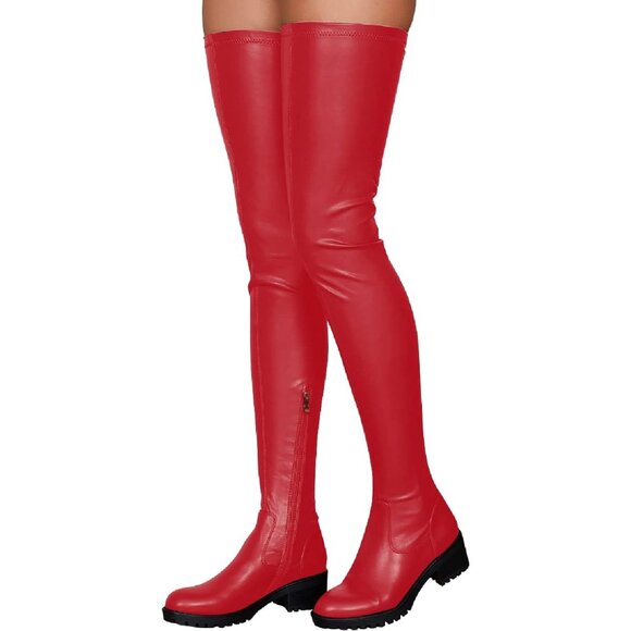 Women's Red Polyurethane Thigh High Over The Knee Rounded Toe Fashion Boots - Picture 4 of 6